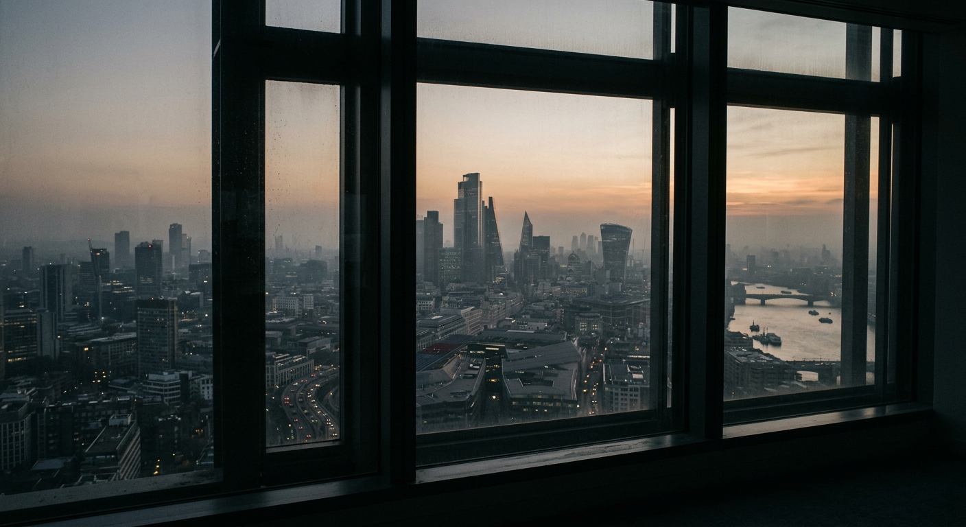 A city skyline at dawn seen through a tall window
