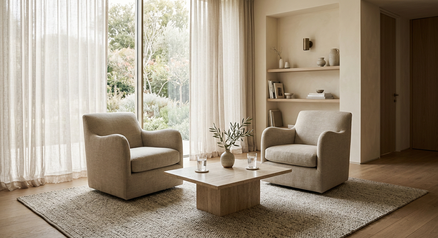 Two armchairs facing each other in a calm, light-filled room