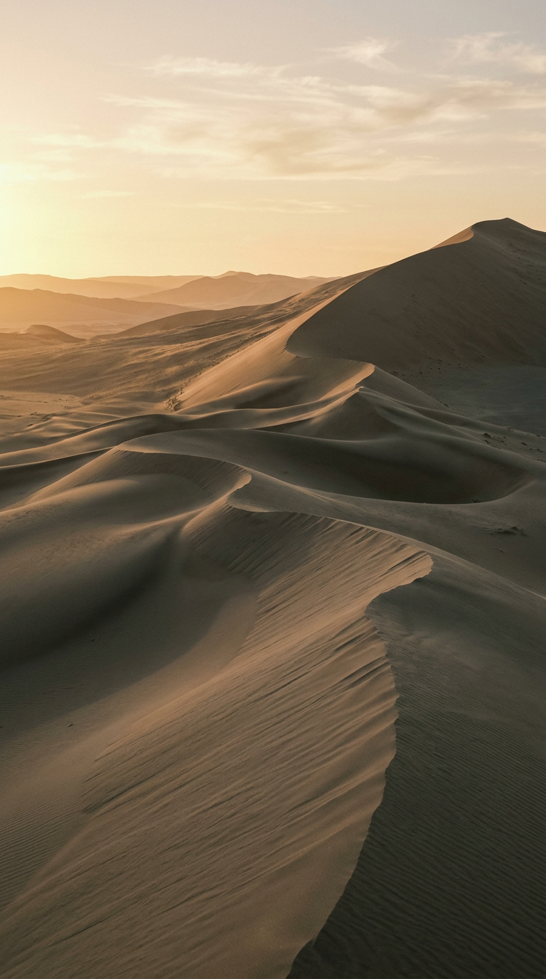 Desert dunes with long shadows at golden hour