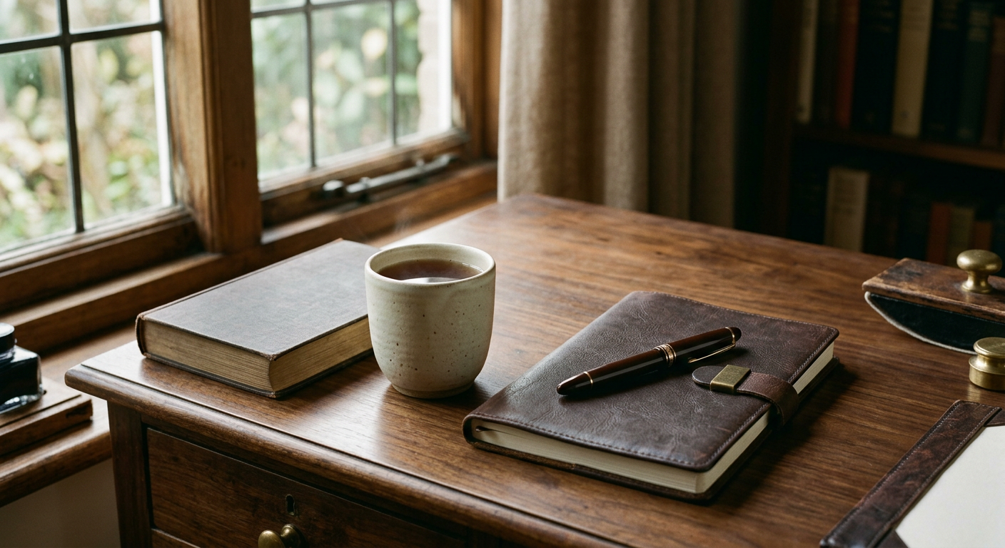 A walnut desk with a leather notebook and fountain pen